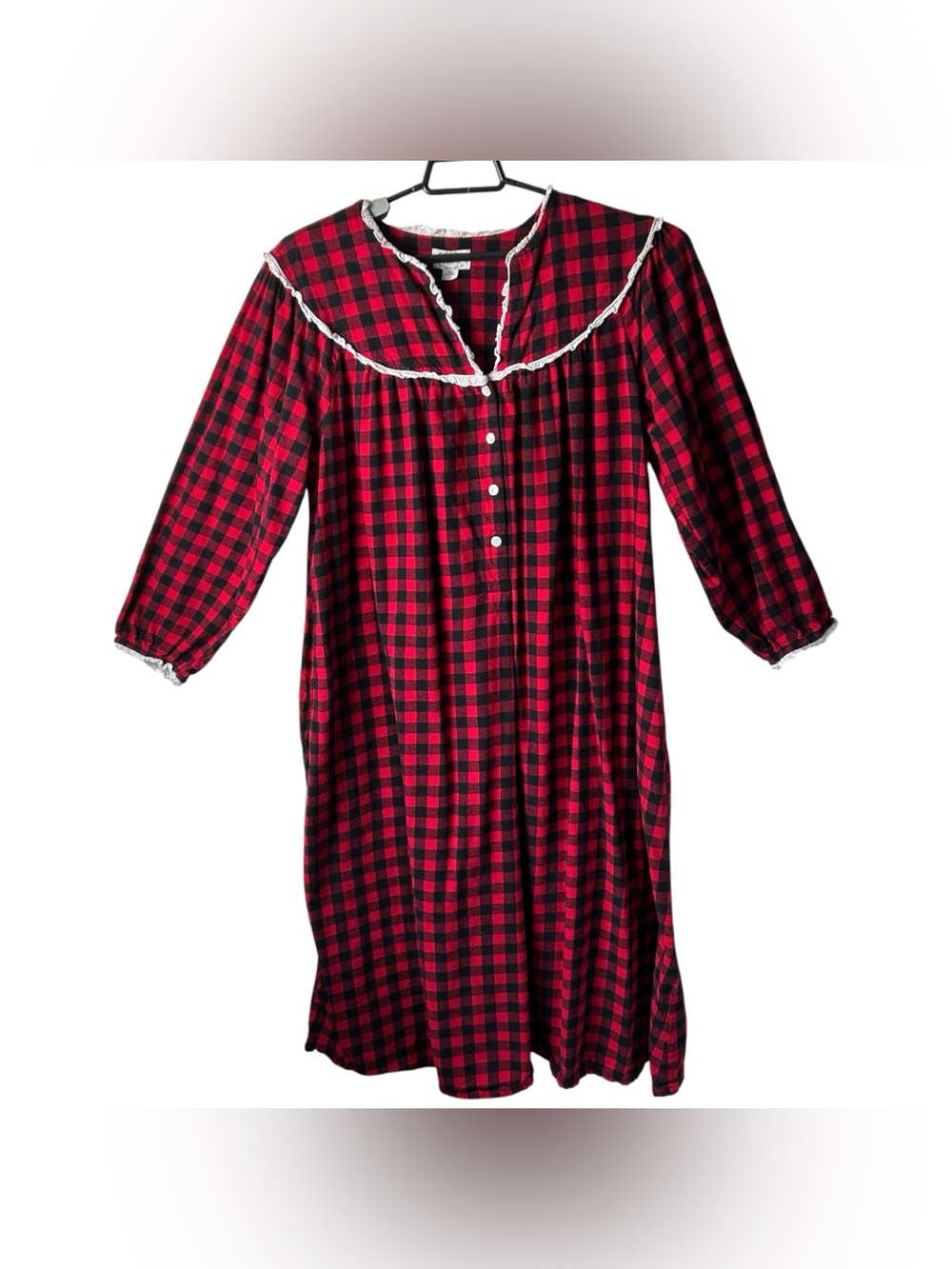 Vintage Lanz Of Salzburg Flannel Nightgown L Red Buffalo Plaid Granny Holiday